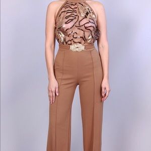 Mocha Jumpsuit with Sequin and Mesh Top